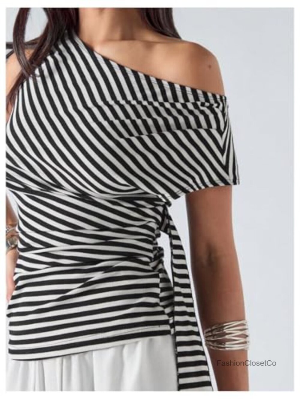 Striped One Shoulder Ribbed Knit Blouse Ruched Draped Going Out Top - Picture 2 of 5